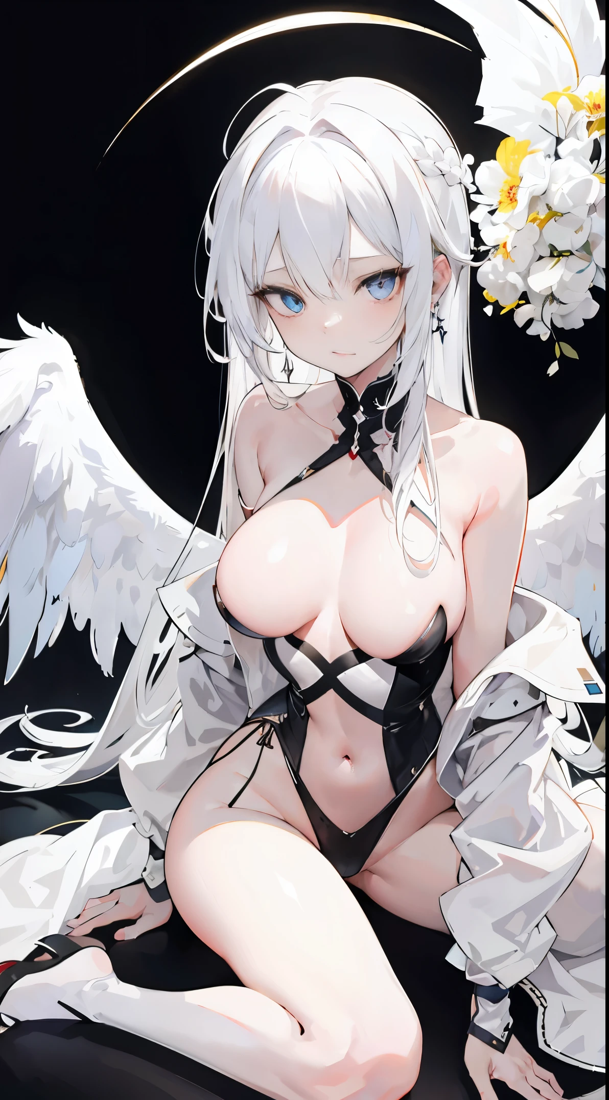 light skin color, white hair color long hair, Bigchest, 1:70, With his back to the camera,sexy for,Nero,White wings, Angelic跪着, Overhead halo, yellow-eyed, sexy for姿势, Angelic, 26 year old, Angelic标记, obsessed,hyper HD, White hair, eBlue eyes, Mother and daughter.Squat down and open your legs