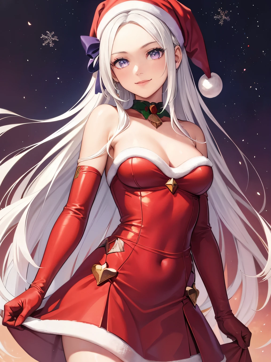1girl, solo, masterpiece, best quality, high res, highly detailed, (illustration), beautiful detailed eyes, edelgard_academy, hair ribbon, long hair, white hair, purple eyes ,glossy lips, makeup, smile, long white satin elbow gloves, cowboy shot, (santa), red santa dress, santa hat, strapless dress