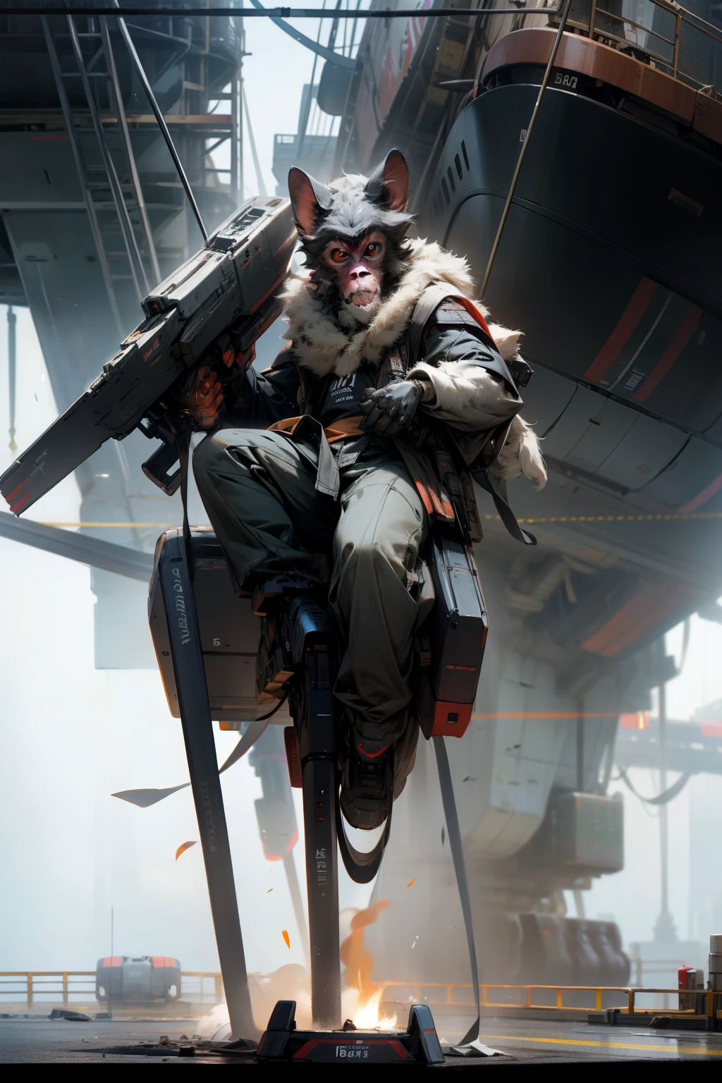 A baby macaque in a mech body armed with heat seeking missles, on a aircraft carrier background, 64k, UHD, photographic, aperture F22, insanely detailed