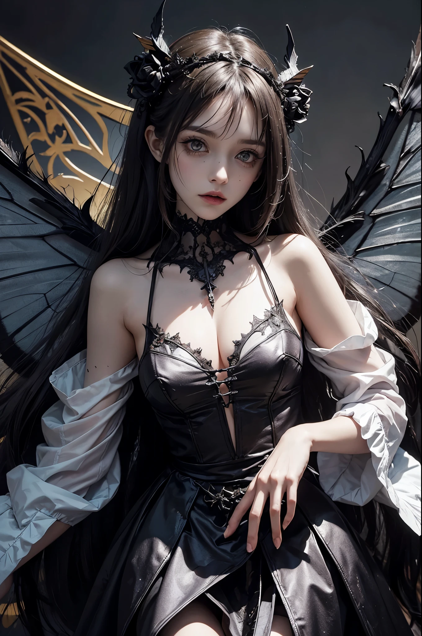 evil fairy, wings, looking at viewer,intricate details, moths, horror theme, horror style, eerie, stygical, gloomy mothgirlcpt, moth antennae, moth wings, joints, extra arms