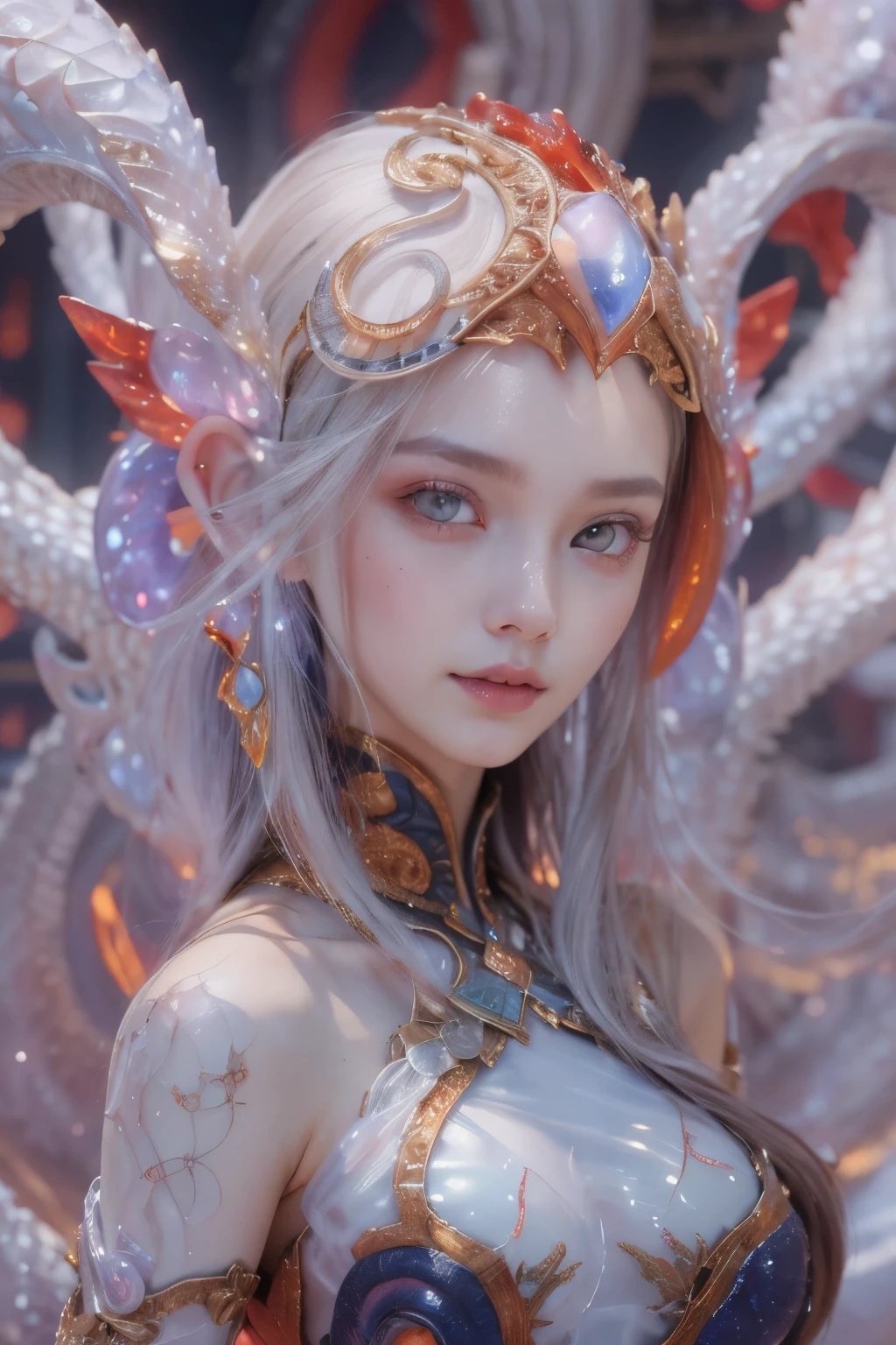 Portrait, (beautiful female alien:1.2),  (There is a female genital-like organ in the middle of the forehead:1.8), (The most beautiful face in the history of the universe:1.2), (scarlet eyes:1.6), (translucent pale skin:1.8), an evil gaze that seduces , (red eyes:1.5), Full body like, (sexypose:1.5), alien, No humans, cells are fused, (Lots of translucent Blue tentacles:1.1), extraterrestrial, cell, bio image, 魅惑的, Best Quality, 8K,4K_quality, High Definition, Dramatic Lighting, masutepiece:1.5,cinematic quality, detail up, (Intricate details:1.2), High resolution, High Definition, drawing faithfully, (Thick eyebrows:1.2), Beautiful eyes with fine symmetry, (Highly detailed face and eyes:1.2), (High-resolution red-eye:1.4), Intimate face, (Super detailed skin quality feeling:1.4), Perfect Anatomy,  (Beautiful toned body:1.5),  (Moist skin:1.2), No makeup, (dark circles:1.1), long canines, cinematic drawing of characters, ultra high quality model, cinematic quality, detail up, (Intricate details:1.2), High resolution, High Definition, drawing faithfully, Official art, Unity 8K wall  , 8K Portrait, Best Quality, Very High resolution, ultra detailed artistic photography, midnight aura,  unreal enginee 5, Ultra Sharp Focus, art by alberto seveso, ArtGerm, Roisch, intricate artwork, Medusa, best quality, masutepiece, ultra High resolution, (photos realistic：1.4), Ultra-realistic realism, dream-like,  nautilus, Creation of fantasy, Snail, Dream Snail,  biopunk nautilus, Thrilling color schemes， Ultra-realistic realism， seductively smiling, Blue tentacles