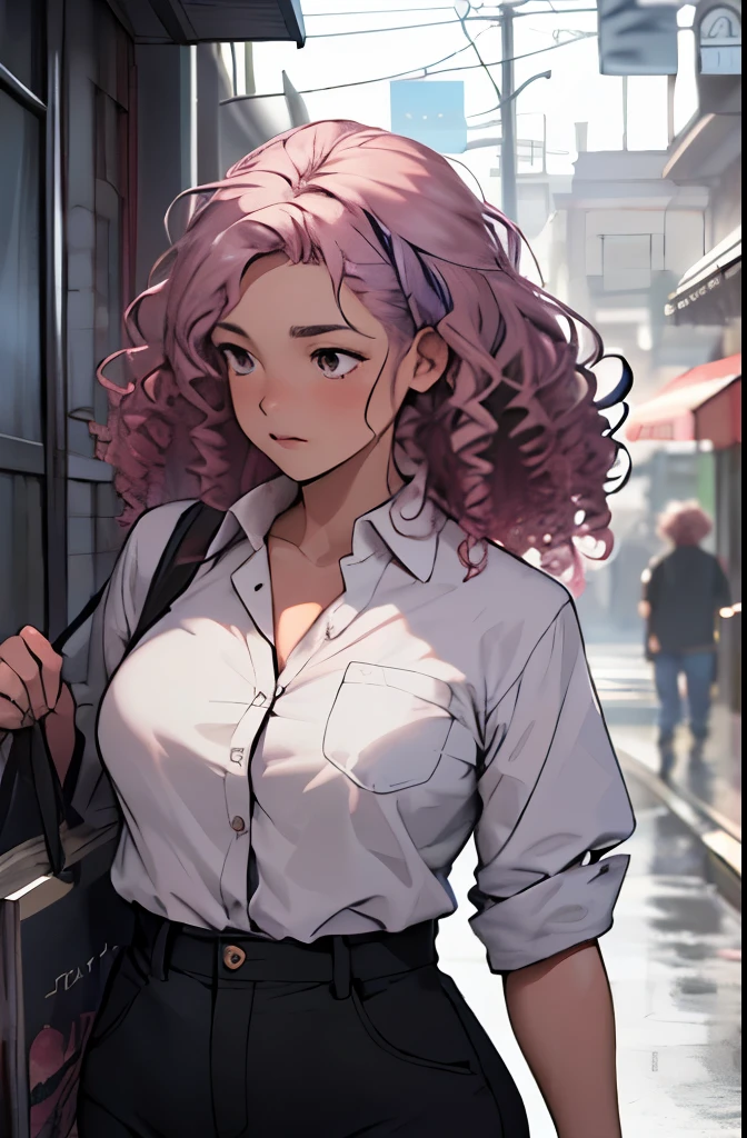 1woman, plump, chubby, large breasts, pink hair|purple hair, tight white button up, (curly hair, frizzy hair:1.3), absurdly long wavy hair, shy, looking away