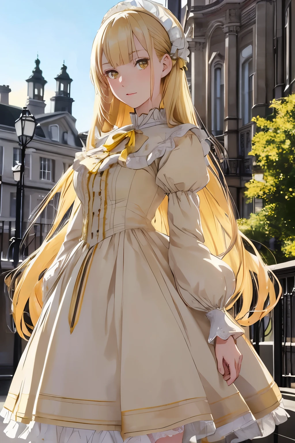 ((best quality)), ((masterpiece)), (detailed), perfect face, anime girl, high resolution, Victorian anime ager, white and yellow dress, blonde, yellow eyes, london, standing, whole body