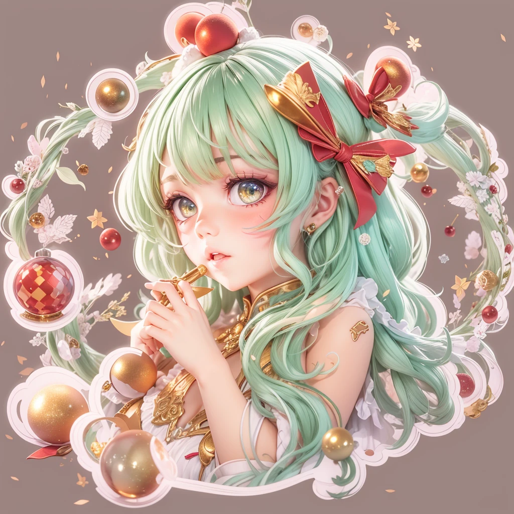 (a sticker,),(3D anime christmas girl),bright colored hair,Slim, ellegance, There is also a touch of mystery.(In circles), (white backgrounid), (Gold border),, ultra - detailed, Detailed diagram, vectorized, 8K, 专业a sticker设计, Graphic design, vector lines, a sticker, Full-HD
