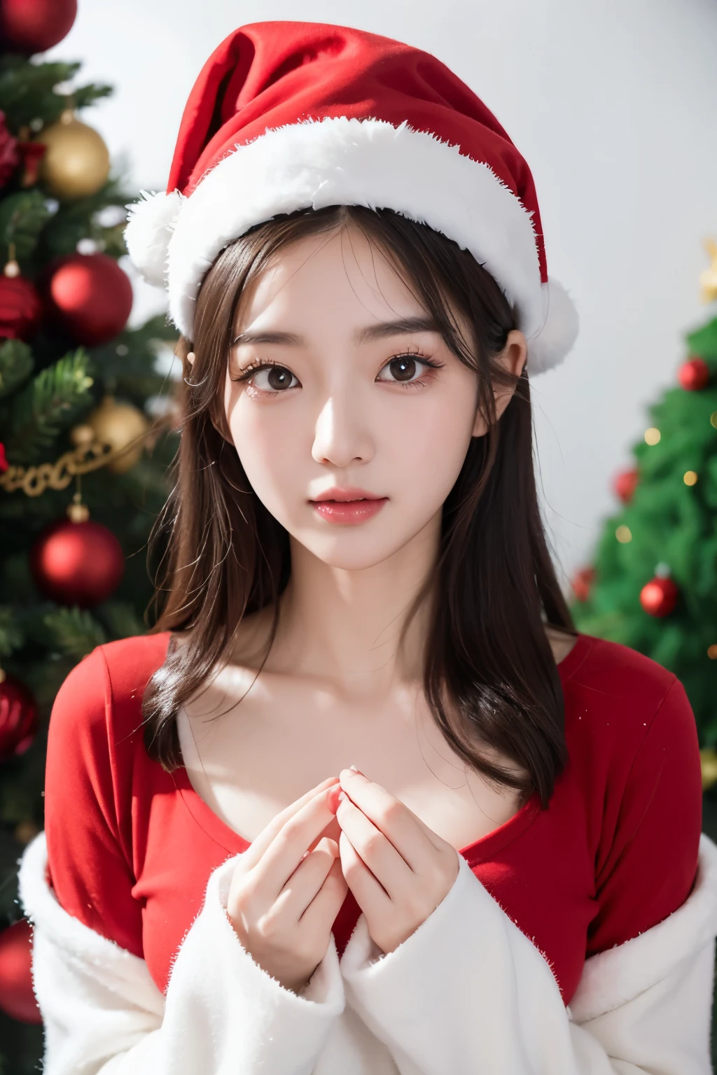 (Best quality at best,8K,tmasterpiece:1.3)Cute and lovely Korean girl,Wearing red santa hat,Next to Christmas tree background,Her eyes sparkled,clear round pupils,Delicate double eyelids,Long eyelashes,Her face is full of shyness,her face is happy。The unique charm of a plump bust。