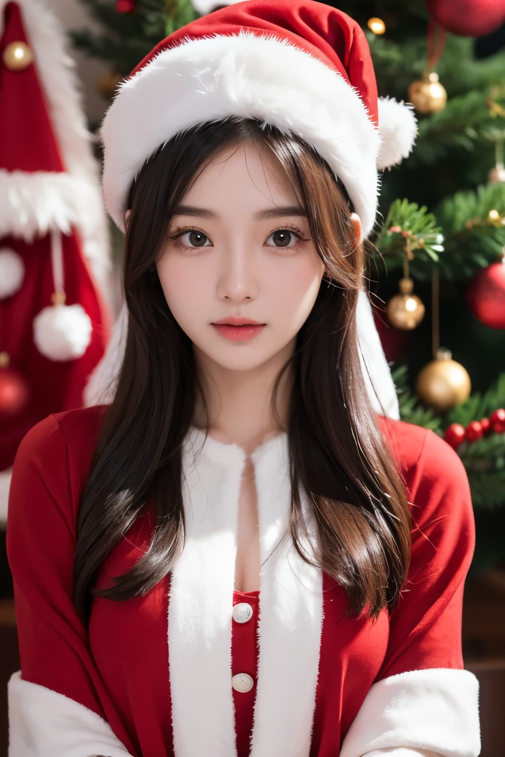 （Best quality，8K，tmasterpiece：1.3）Cute and lovely Korean girl，Wearing red santa hat，Next to Christmas tree background，her eyes sparkle，clear round pupils，Delicate double eyelids，Long eyelashes，Her face is full of shyness，her face is happy。The unique charm of a plump bust。