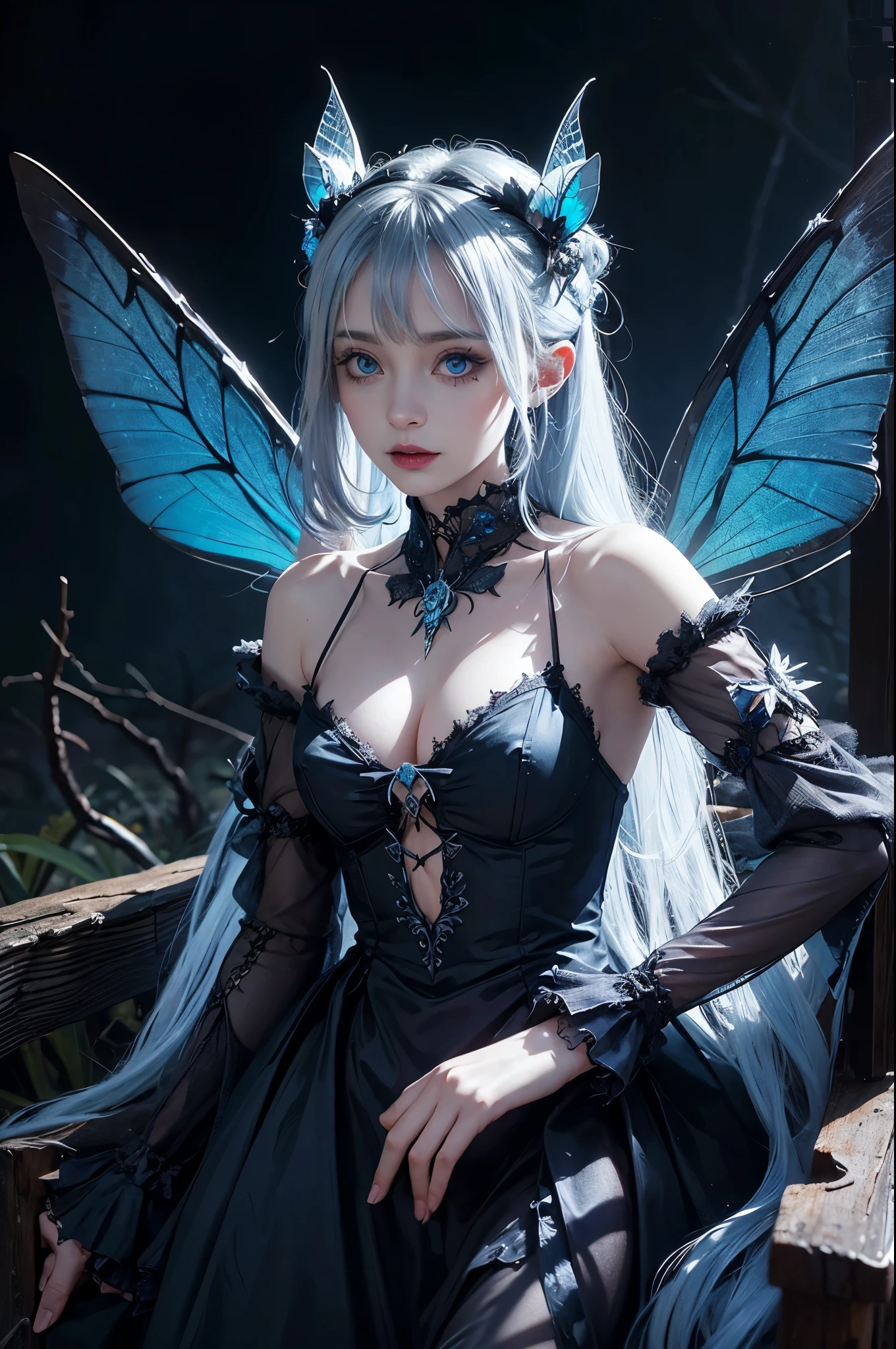 evil fairy, wings,blue eyes, looking at viewer,intricate details, moths, horror theme, horror style, eerie, stygical, gloomy mothgirlcpt, moth antennae, moth wings, joints, extra arms
