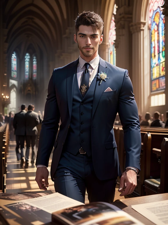 (k hd,(8K分辨率),professional photoshooting,profesional lighting,two very attractive men,(Handsome(brunette),European people,25 age old,Big handsome guy,twincest,Blue eyeearded,Brush cut,(ssmile),cool and handsome,cool guy,The two men walked closely together,elegant suit,Impressive appearance,In a luxurious and modern cathedral,The church is full of people,The atmosphere was convivial, perfect and highlight moments of their lives,HUItra cannon,细节Exquisite完美,best quality,Exquisite,The is very detailed。超高分辨率,(8K),complex detailed detailed,physically-based renderingt,Good balance,edge lit,lock focus,Realistic photos,photorealistic art,HighDynamicRange,realistic model