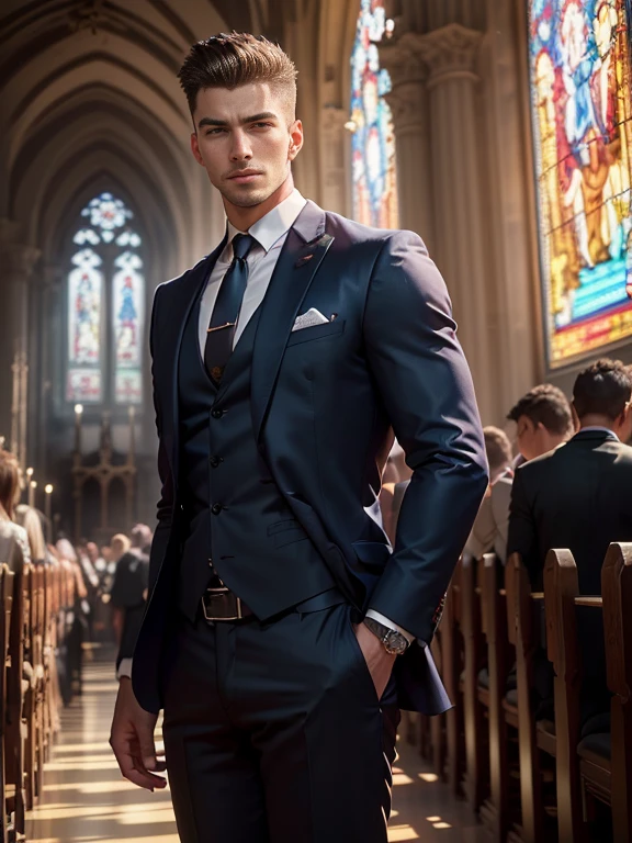 (k hd,(8K分辨率),professional photoshooting,profesional lighting,two very attractive men,(Handsome(brunette),European people,25 age old,Big handsome guy,twincest,Blue eyeearded,Brush cut,(ssmile),cool and handsome,cool guy,The two men walked closely together,elegant suit,Impressive appearance,In a luxurious and modern cathedral,The church is full of people,The atmosphere was convivial, perfect and highlight moments of their lives,HUItra cannon,细节Exquisite完美,best quality,Exquisite,The is very detailed。超高分辨率,(8K),complex detailed detailed,physically-based renderingt,Good balance,edge lit,lock focus,Realistic photos,photorealistic art,HighDynamicRange,realistic model