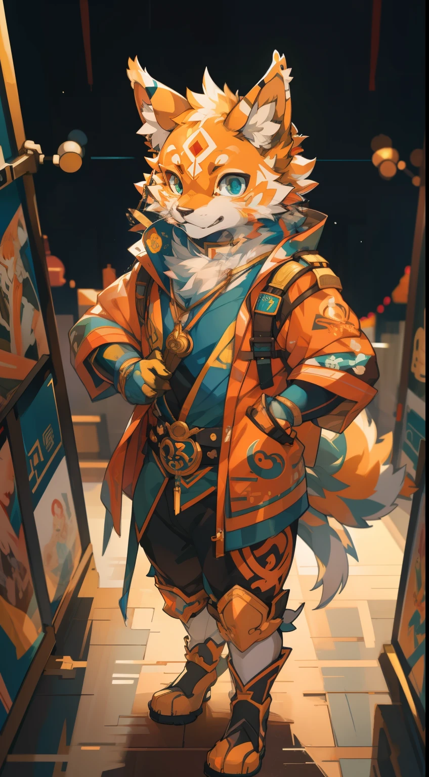 8k, Super Detail, precise, best quality,An 18-year-old fox boy sits on a mat in a teahouse,Green eyes,Flame-shaped pattern on arms,There is a fire spirit mark on the forehead,There are reddish-orange hairs, Rich plush texture, Delicate hair, Animal anthropomorphism, Fluffy fox tail, Fox ears,Wear loose Chinese clothing, Handsome face,Boys,Fine details
