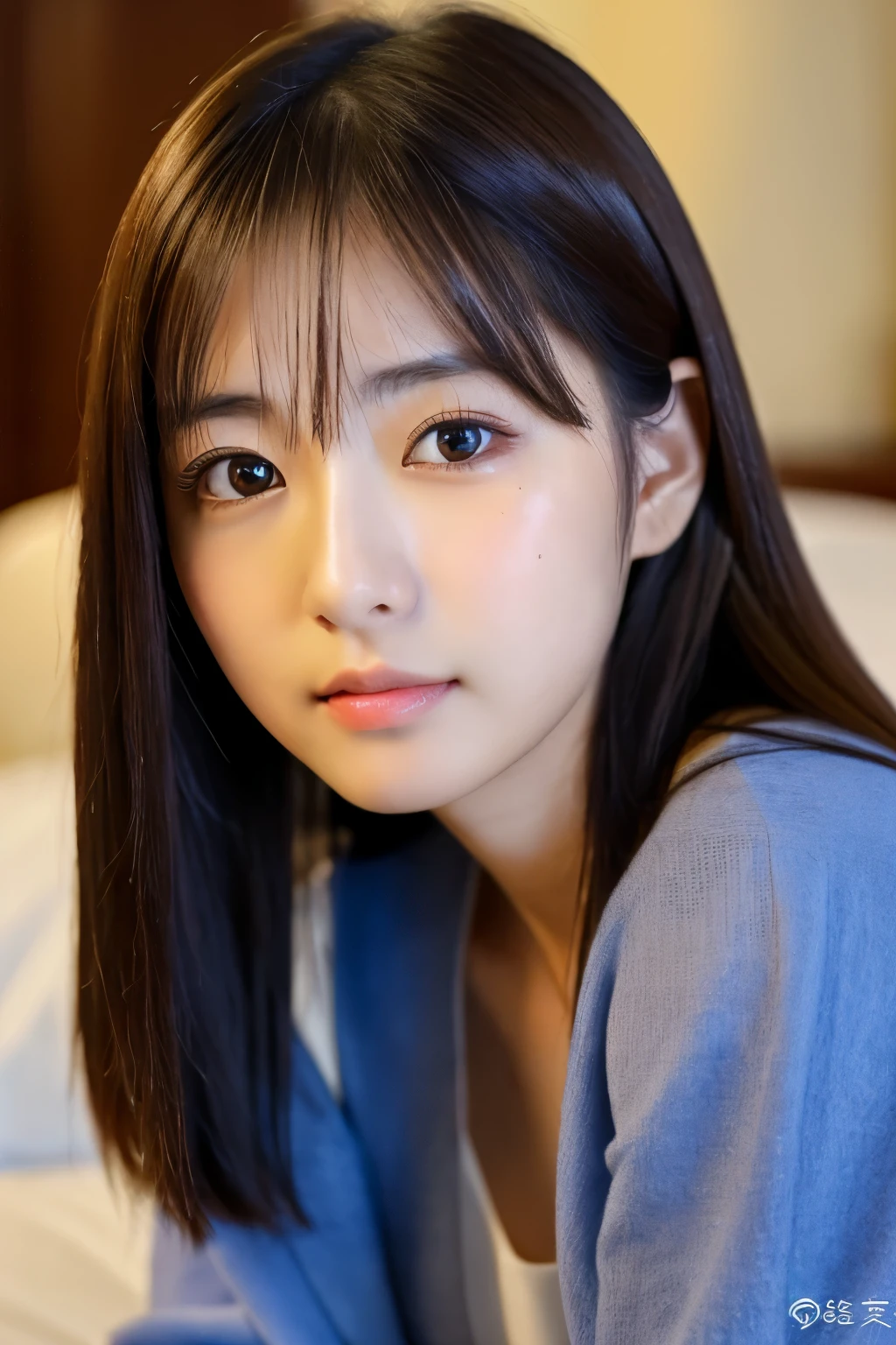 ((cute Japanese girls、Beautiful japanese girl、1 girl in、Highly detailed facial and skin texture、Slim Faces、Anxious face、hyperdetailed face、ultradetailed eyes、close-up of woman、))、(dark brown hair)、Looking at the camera、foco nítido:1.2、Beautiful Women in Perfect Style:1.4、Japan models、Young gravure idols、Young cute gravure idol、Realistic Young Gravure Idol、sophisticated gravure idol、((top-quality、in 8K、masterpiece:1.3))、(4K、RAW Photography、top-quality)、((a bedルーム、a bed、walls、hotel、suite room、opulent、Luxury、1Photo))、((top-quality、in 8K、masterpiece:1.3))、(4K、RAW Photography、top-quality)、