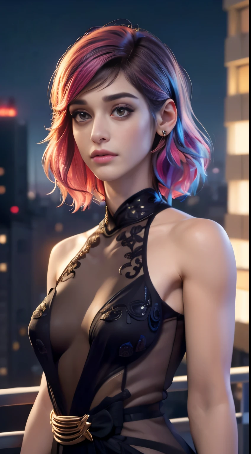 photo of Lizzy Caplan, RAW, beautiful woman, ((portrait)), ((detailed face:1.2)), ((detailed facial feature, detailed skin, clear skin), (perfect proportioned body), ((wearing a colorful dress)) (high detailed city environment, apartment balcony), (realistic photo, best quality, detailed), (8k wallpaper), (cinematic lighting, dramatic lighting) (sharp focus, intricate)