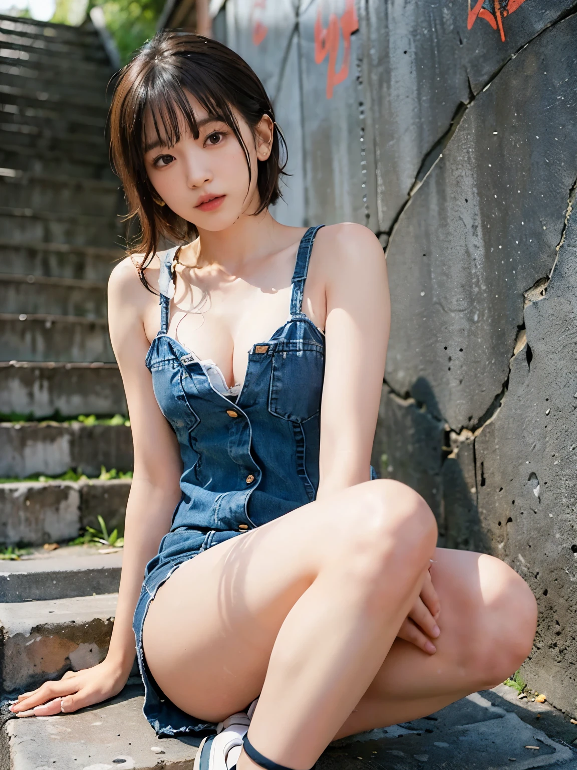 raw photo, 8k, (top-quality), Realistic, (real picture, Intricate details), (natural skin texture, detailed skin, hyper realism, sharpness), (Japanese female college student sitting on the stairs in a dirty back alley at night, graffitied wall:1.3, armpit exposed), ((wearing Denim micro Dress over naked, Distressed denim, Front Button dress, sleeveless, open chest of dress, cleavage)), Fair skin, ((very short hair, pixie hairstyle)), (seductive face, Parted lips), thigh exposed, Knee with bandage on, graffiti:1.5, trash can, night time, spot lighting:1.3, Full body shot