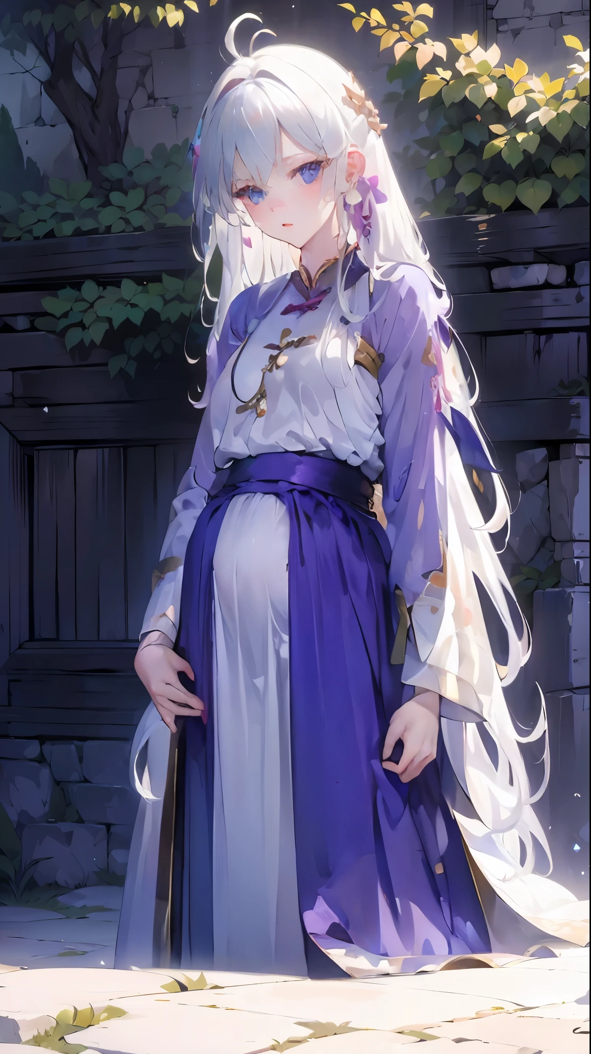 Golden hairpin, white ash hair, blue clothes, (purple cloack: 1.3), pale face, sweating, heavy breath, blushing, pregnancy dresest quality:1.2), ultra-detailed,realistic ,portraits, vivid colors, soft lighting, interesting PoV, stocking, straight hair, pregnant, Pregnant belly, anime girl, solo girl, light blue eyes, Chinese sword, swing sword