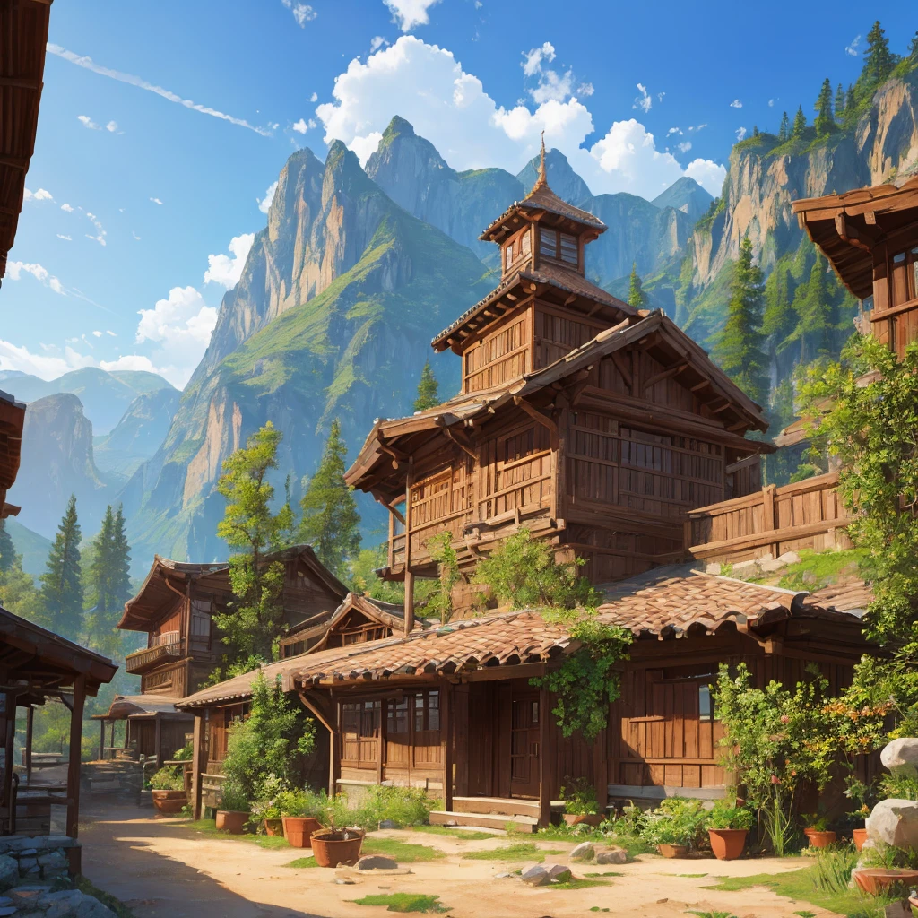 ancient mountain village close up concept art masterpiece