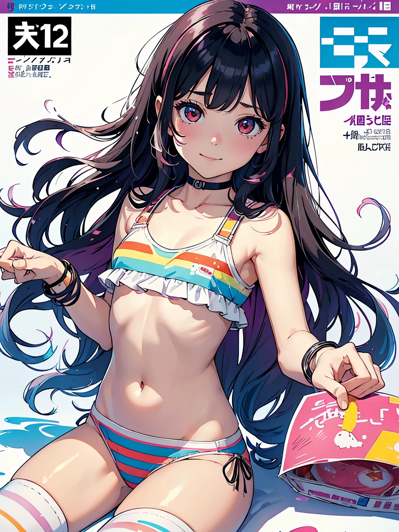 (Superflat, Flat Shading, flat-colors:1.1)、(Magazine Cover)、(Multiple girls)、Illustrations、((Lori、Petite、flat chested、A 12-year-old girl))、White skin and beautiful appearance、white wavy hair、Red eyes、Petite、striped crop top、Children's Printed Panties、Smile、Bottom、from behind、colorful stockings、Volumetric lighting、Soft light、Bright、neons、Vibrant colors、watercolor paiting、