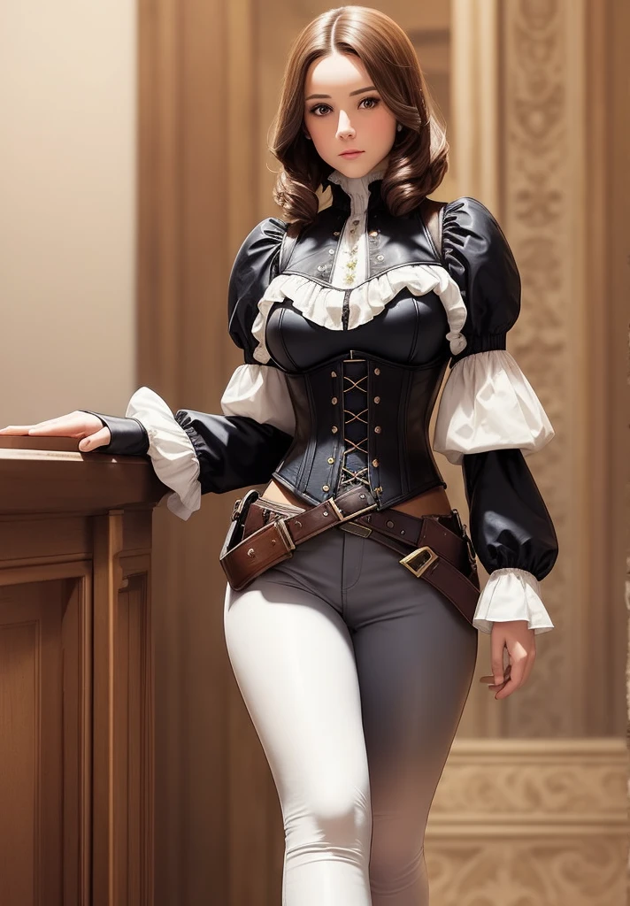 Brunette, (short ombre hair), ((solo female)), ((solo)), caucasian, steampunk attire, adventurer attire, (full body), puffy sleeved white blouse, ((victorian era town)), black leather pants, vest, ((small breasts)), corset