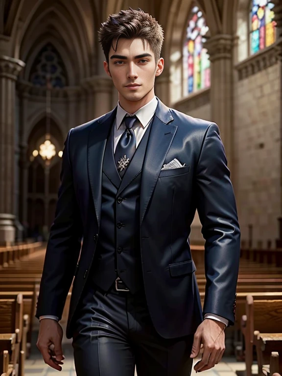 (k hd，(8K分辨率)，professional photoshooting，profesional lighting，two very attractive men，(Handsome(brunette)，European people，25 age old，Big handsome guy，twincest，Blue eyeearded，Brush cut，(ssmile)，cool and handsome，cool guy，The two men walked closely together，elegant suit，Impressive appearance，In a luxurious and modern cathedral，The church is full of people，The atmosphere was convivial, perfect and highlight moments of their lives，HUItra cannon，细节Exquisite完美，best quality，Exquisite，The is very detailed。超高分辨率，(8K)，complex detailed detailed，physically-based renderingt，Good balance，edge lit，lock focus，Realistic photos，photorealistic  art，HighDynamicRange，realistic model