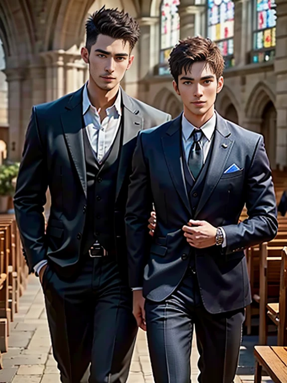 (k hd,(8K分辨率),professional photoshooting,profesional lighting,two very attractive men,(Handsome(brunette),European people,25 age old,Big handsome guy,twincest,Blue eyeearded,Brush cut,(ssmile),cool and handsome,cool guy,The two men walked closely together,elegant suit,Impressive appearance,In a luxurious and modern cathedral,The church is full of people,The atmosphere was convivial, perfect and highlight moments of their lives,HUItra cannon,细节Exquisite完美,best quality,Exquisite,The is very detailed。超高分辨率,(8K),complex detailed detailed,physically-based renderingt,Good balance,edge lit,lock focus,Realistic photos,photorealistic art,HighDynamicRange,realistic model