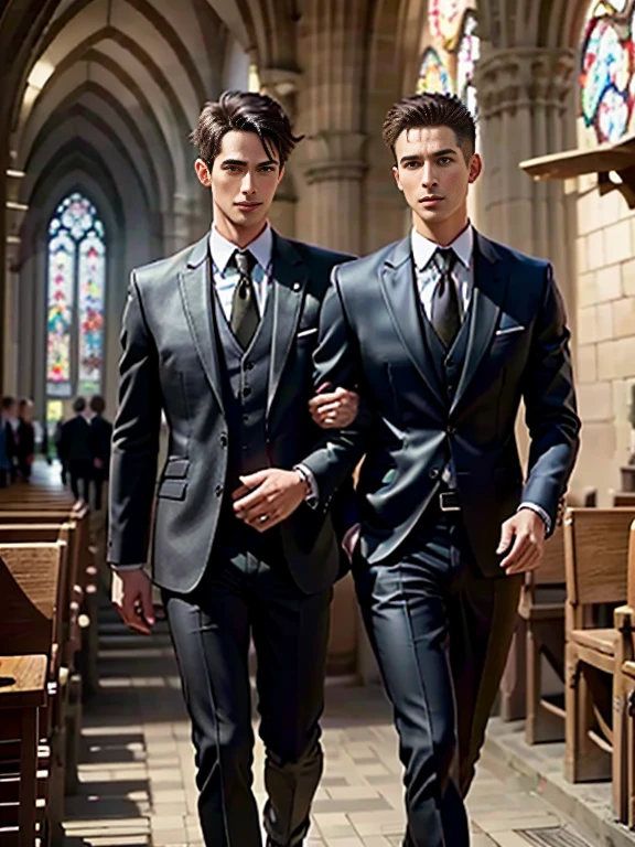 (k hd,(8K分辨率),professional photoshooting,profesional lighting,two very attractive men,(Handsome(brunette),European people,25 age old,Big handsome guy,twincest,Blue eyeearded,Brush cut,(ssmile),cool and handsome,cool guy,The two men walked closely together,elegant suit,Impressive appearance,In a luxurious and modern cathedral,The church is full of people,The atmosphere was convivial, perfect and highlight moments of their lives,HUItra cannon,细节Exquisite完美,best quality,Exquisite,The is very detailed。超高分辨率,(8K),complex detailed detailed,physically-based renderingt,Good balance,edge lit,lock focus,Realistic photos,photorealistic art,HighDynamicRange,realistic model