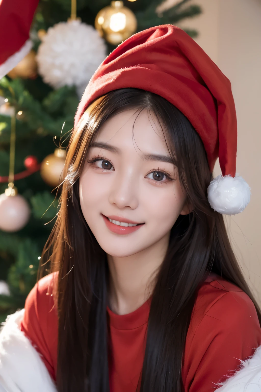 (Best quality,8K,tmasterpiece:1.3)a Korean girl,Sweet and cute,Wearing red santa hat,Standing next to the Christmas tree,her eyes sparkle,clear round pupils,Detailed double eyelids,Long eyelashes,On her face,Shy but happy expression,The smile is full of happiness. plumw,Exudes a unique charm.