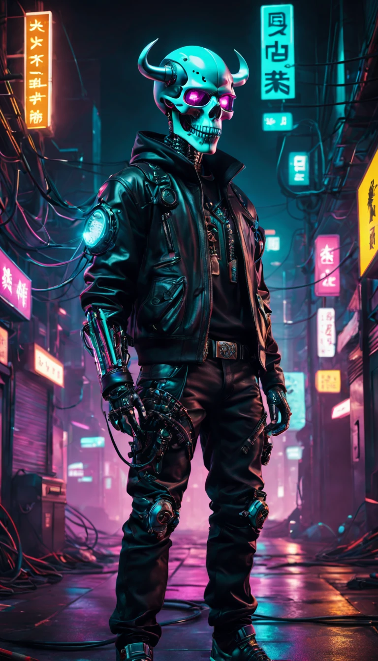 cyber punk perssonage，cowboys，skeleton head，Bull hornionic arm，metalictexture，scybernetic，cowboys帽，neon light background，Technologie，A futuristic，Vibrant colors，electric sparks，Sharp focus，Dystopian cityscape，Network enhancement，glowing light eyes，jaqueta de couro，高Technologie武器，Wires and cables，Retro-Future，nighttime scene，Mixed reality。