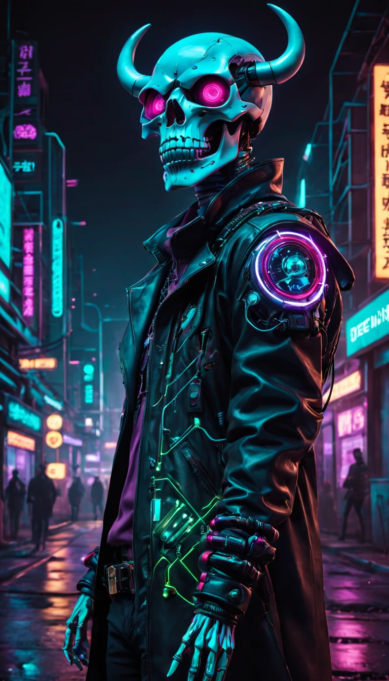 cyber punk perssonage,cowboys,skeleton head,Bull hornionic arm,metalictexture,scybernetic,cowboys帽,neon light background,Technologie,A futuristic,Vibrant colors,electric sparks,Sharp focus,Dystopian cityscape,Network enhancement,glowing light eyes,jaqueta de couro,高Technologie武器,Wires and cables,Retro-Future,nighttime scene,Mixed reality。