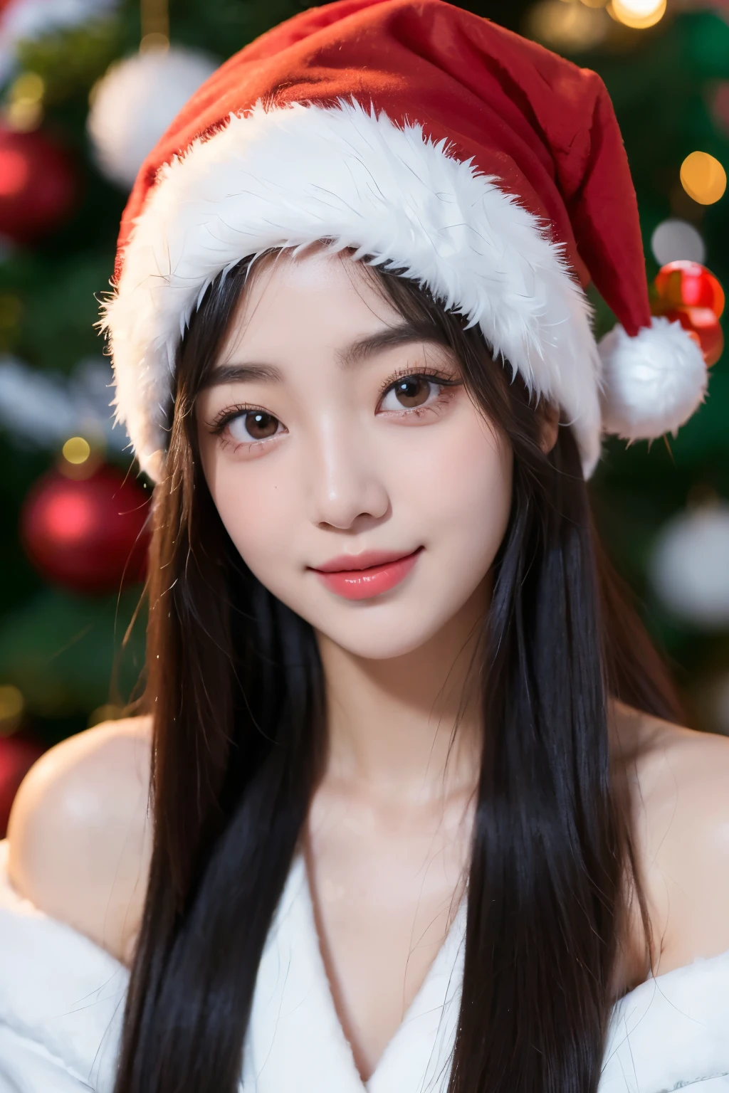 (Best quality,8K,tmasterpiece:1.portrait,a Korean girl,Sweet and cute,Wearing red santa hat,Standing next to the Christmas tree,her eyes sparkle,clear round pupils,Detailed double eyelids,Long eyelashes,On her face,Shy but happy expression,The smile is full of happiness,Has a unique charm.