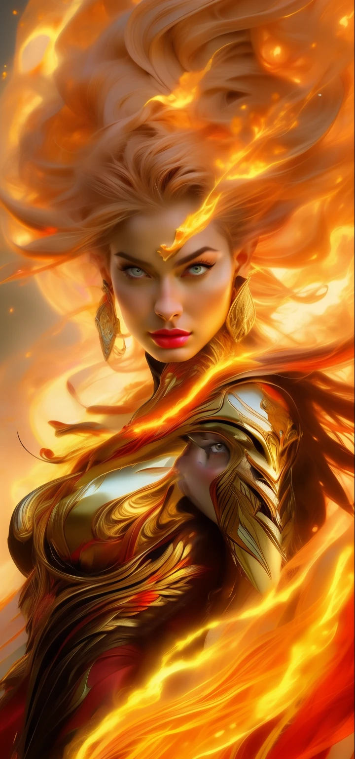 a woman with a fire and flames on her face, graphic artist magali villeneuve, with fiery golden wings of flame, with fiery golden wings, phoenix warrior, appears as the fire goddess, artgerm detailed, phoenix in fire, artwork of a phoenix, artgerm', she has the head of a phoenix, artgerm style, artgerm art,hair detail,fire Detailed,ultra hd,32k