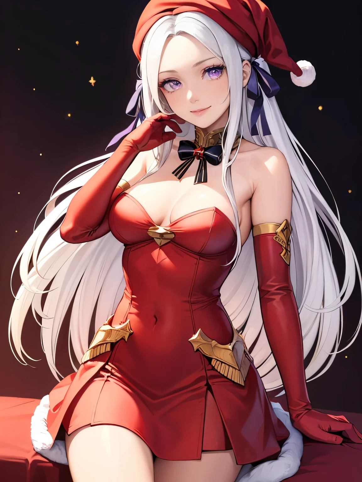 1girl, solo, masterpiece, best quality, high res, highly detailed, (illustration), beautiful detailed eyes, edelgard_academy, hair ribbon, long hair, white hair, purple eyes ,glossy lips, makeup, smile, long white satin elbow gloves, cowboy shot, (santa), red santa dress, santa hat, strapless dress