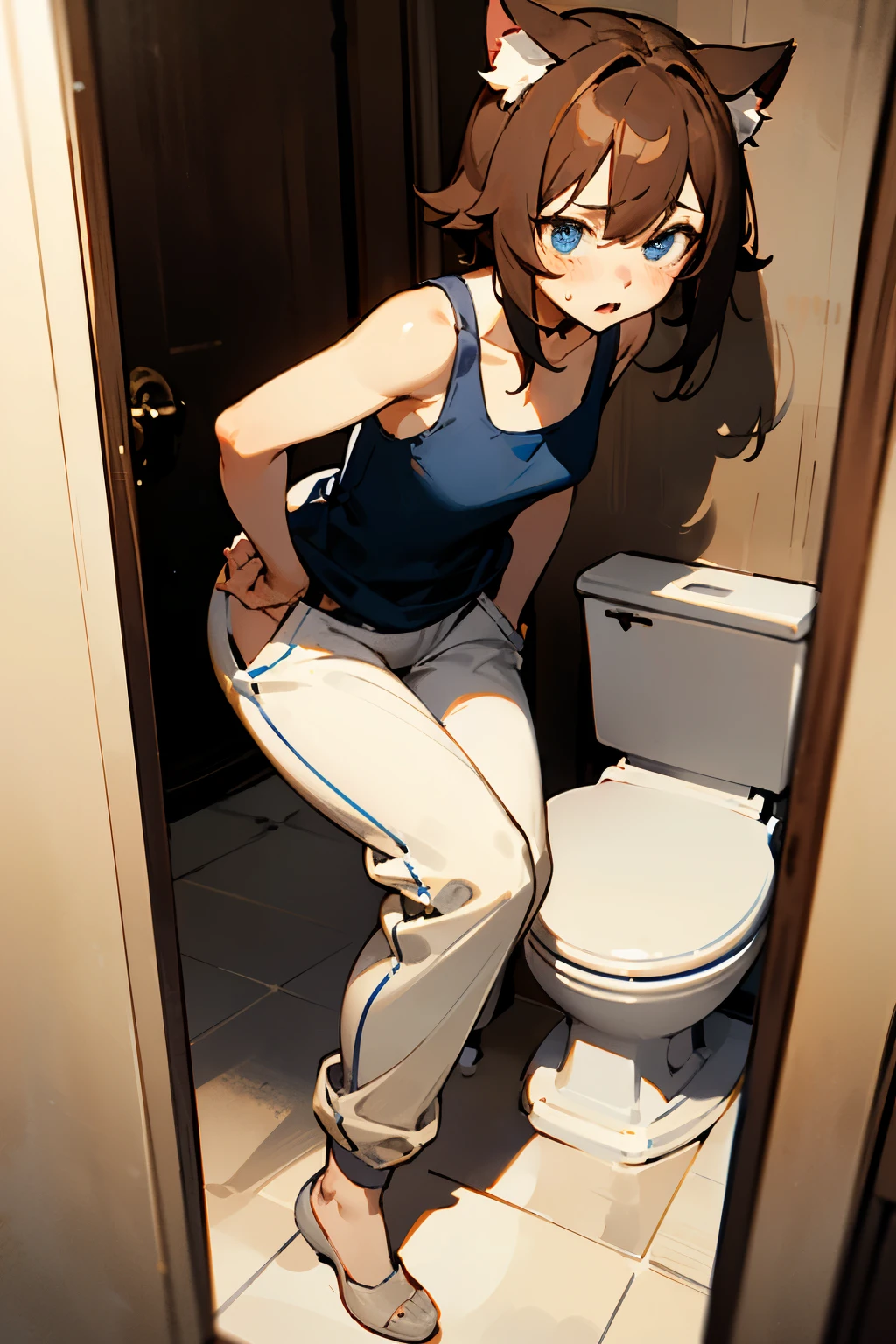 Cute brown haired thin catgirl with blue eyes wearing a loose tank top and sweatpants. She's standing in a bathroom doorway in a simple house.  The toilet is visible, and she's looking at it nervously. She's crossing her legs, squirming her hips, and dancing from foot to foot in an adorable potty dance. She needs to pee so badly! She's absolutely desperate to get some relief. She's pushing her hand between her legs, holding herself. Omorashi!