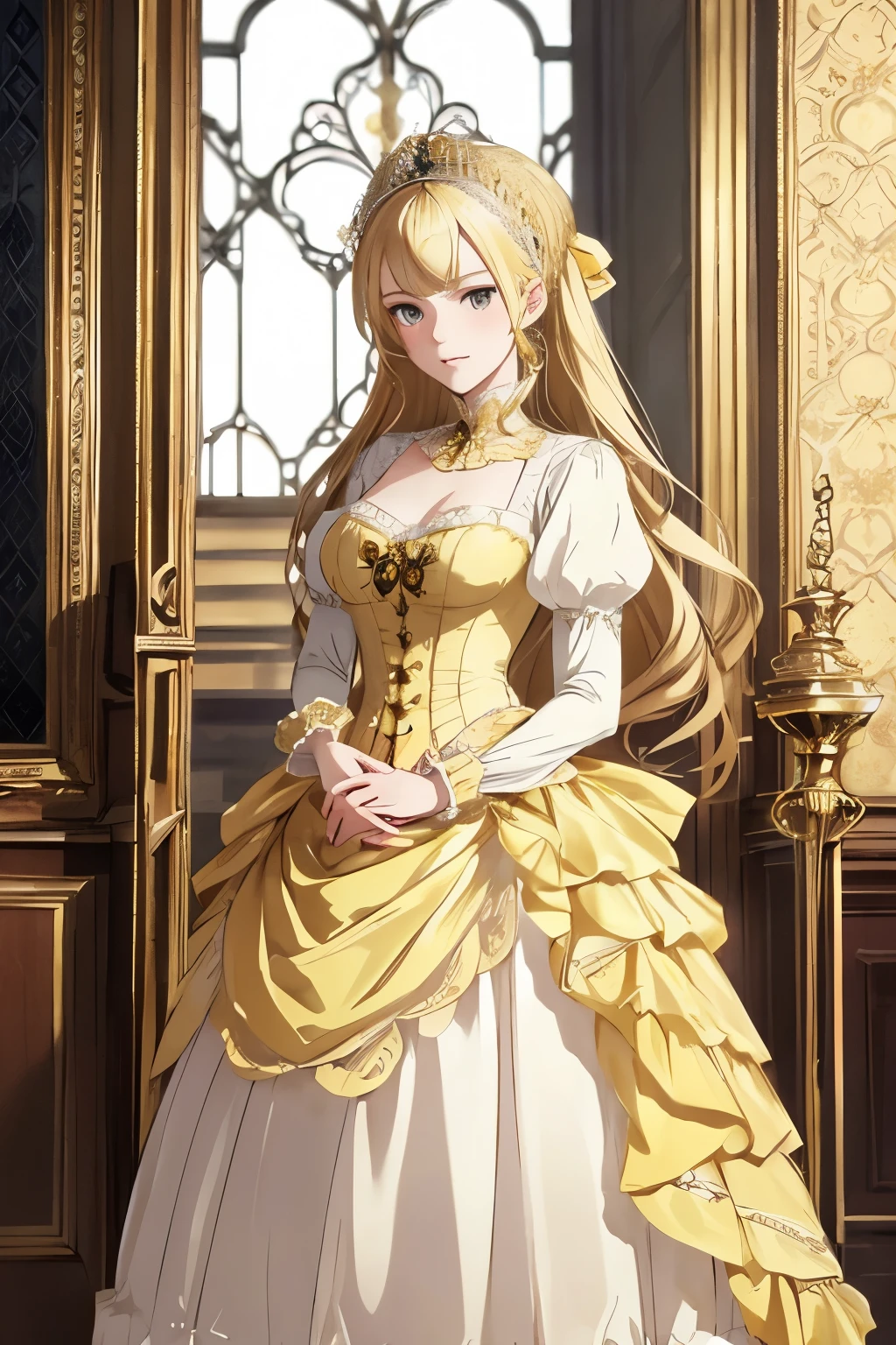 ((best quality)), ((masterpiece)), (detailed), perfect face, anime woman, high resolution, Victorian anime teenager, white and yellow dress, blonde, yellow eyes, london, standing, holding masquerade, brown skirt