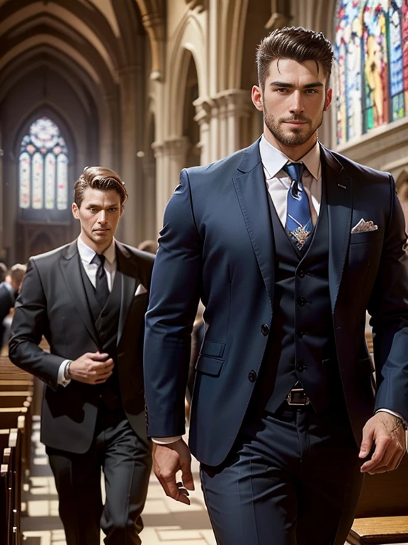 (k hd,(8K分辨率),professional photoshooting,profesional lighting,two very attractive men,(Handsome(brunette),European people,25 age old,Big handsome guy,twincest,Blue eyeearded,Brush cut,(ssmile),cool and handsome,cool guy,The two men walked closely together,elegant suit,Impressive appearance,In a luxurious and modern cathedral,The church is full of people,The atmosphere was convivial, perfect and highlight moments of their lives,HUItra cannon,细节Exquisite完美,best quality,Exquisite,The is very detailed。超高分辨率,(8K),complex detailed detailed,physically-based renderingt,Good balance,edge lit,lock focus,Realistic photos,photorealistic art,HighDynamicRange,realistic model