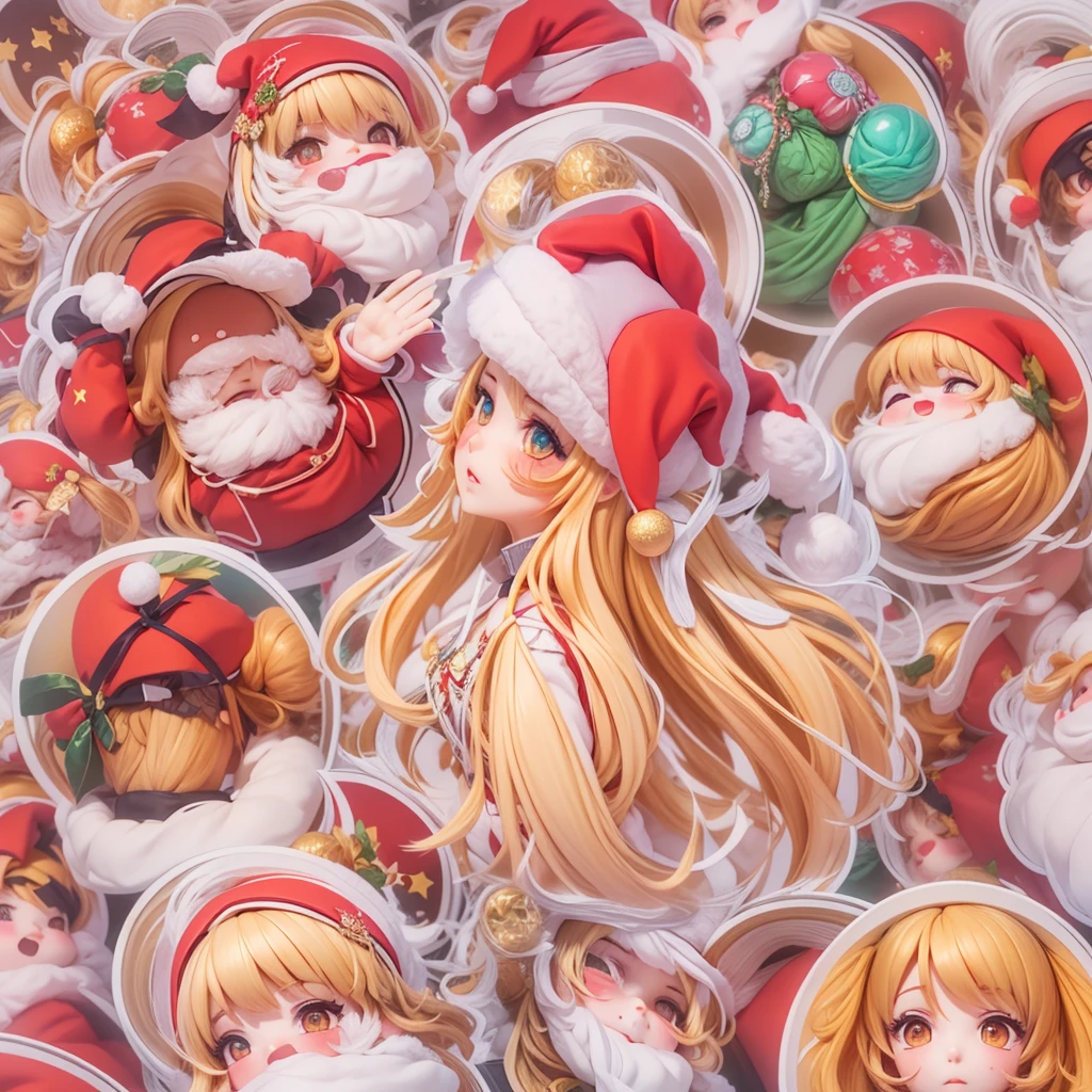 (a sticker,),(3D anime santa hat girl),bright colored hair,Slim, ellegance, There is also a touch of mystery.(In circles), (white backgrounid), (Gold border),, ultra - detailed, Detailed diagram, vectorized, 8K, 专业a sticker设计, Graphic design, vector lines, a sticker, Full-HD