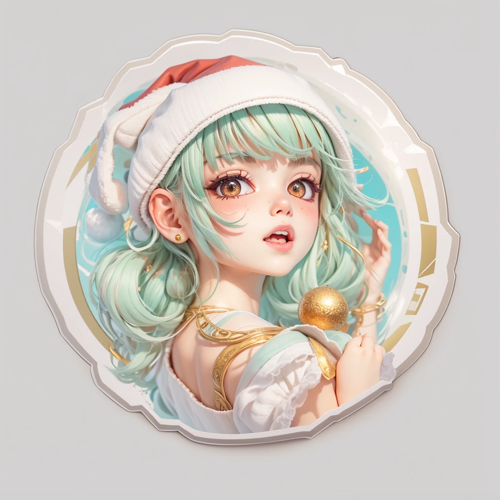 (a sticker,),(3D anime santa hat girl),bright colored hair,Slim, ellegance, There is also a touch of mystery.(In circles), (white backgrounid), (Gold border),, ultra - detailed, Detailed diagram, vectorized, 8K, 专业a sticker设计, Graphic design, vector lines, a sticker, Full-HD