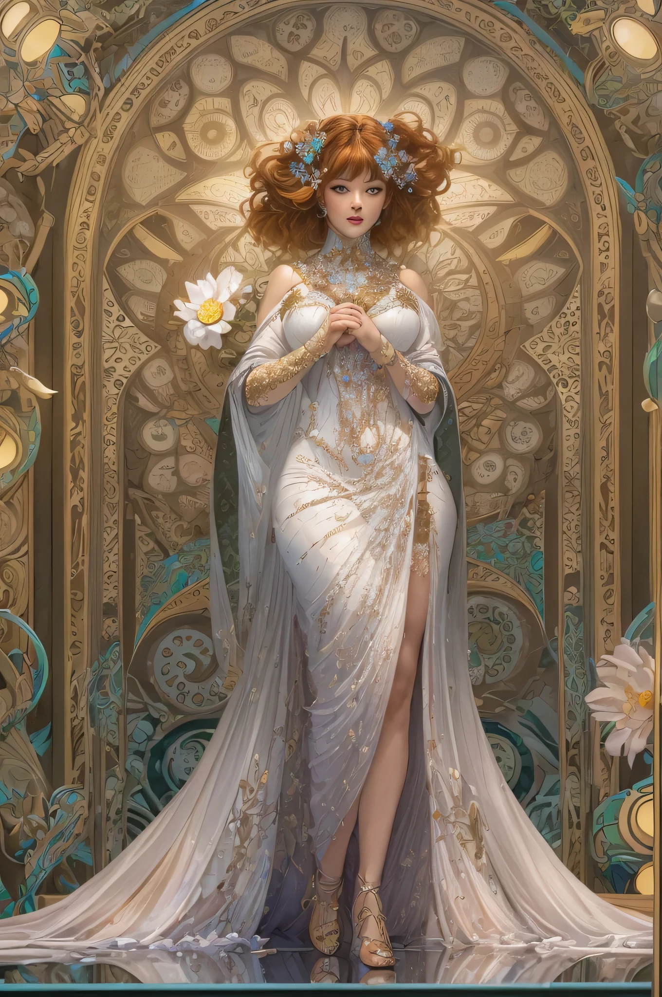 art deco - middle aged augmented buxom pale voluptuos full figured white woman in glossy iridescent outfit, full body, G-cups , cover, hyperdetailed painting, luminism, Bar lighting, complex, 4k resolution concept art portrait by Greg Rutkowski, Artgerm, WLOP, Alphonse Mucha, little fusion pojatti realistic steampunk, fractal isometrics details bioluminescens : a stunning realistic photograph 30 years , redhead, italian goddness beautiful awesome with big white flowers , 3d render, octane render, intricately detailed, , cinematic, trending on artstation | Isometric | Centered hipereallistic cover photo awesome full color, hand drawn, dark, gritty, realistic mucha, klimt, erte .12k, intricate. hit definition , cinematic,, mix of bold dark lines and loose lines, bold lines, on , full body with velvet dress, humanoid, Full body.