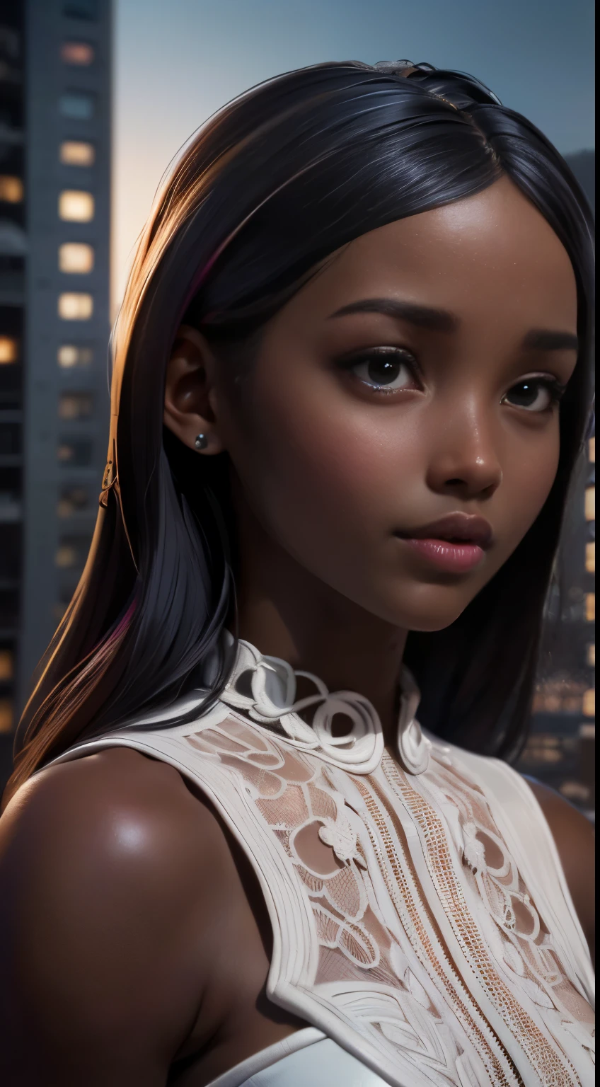 photo of Lupita Nyong, RAW, beautiful woman, ((portrait)), ((detailed face:1.2)), ((detailed facial feature, detailed dark skin, clear skin), (perfect proportioned body), ((wearing a colorful dress)) (high detailed city environment, apartment balcony), (realistic photo, best quality, detailed), (8k wallpaper), (cinematic lighting, dramatic lighting) (sharp focus, intricate)