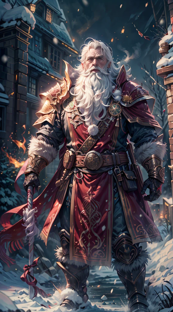 Santa Claus as a boss in the game "Dark Souls" In the Christmas DLC,Best Quality,4K,8K,hight resolution,masutepiece:1.2,Ultra-detailed,Realistic:1.37,[nffsw],[nffsw],[Studio Lighting],extra detailed face,Beautiful detailed eyes,Beautiful detailed lips,long eyelashes,[Physically-based rendering],Powerful physique,He wears red and white armor with an intricate design.,[hali々and presence],have a powerful candy cane [greatSword],Surrounded by snowy scenery,large icicles hanging from the environment,give off a golden aura,[epic battle scene],Intense fire and smoke effects,[Vibrant colors],Blue and white color scheme with hints of gold, Dramatic lighting with warm highlights and cool shadows.