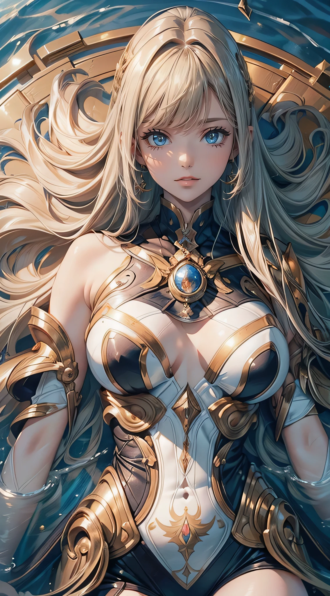 Over Head Shot,Floating on water,Lying,on back,Stretching,1girl in,(Ultra detailed skin),Curve,Petite,Beautiful breasts,Large breasts,pale skin,pointed breast,Erect nipples,(Fantasy Art,Highest image quality,Hyperrealist portrait,(8K),Ultra-realistic,Best Quality, High quality, High Definition, High quality texture,high detailing,Beautiful detailed,fine detailed,extremely details CG,Detailed texture,realistic representation of face,masutepiece,presence,Dynamic,Bold),Bob Hair,(super thin hair),(ultra soft hair),(ultra straight hair:1.5),Swept long bangs,Extra bright coppery amber hair,Hair over one eye