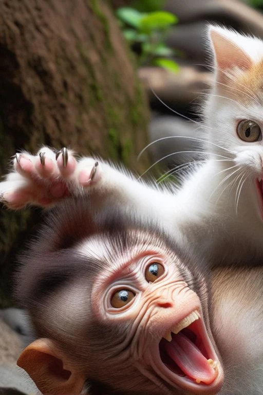 there is a white kitten sitting on top of a monkey, intense fighting, monkeys, r/aww, real-life tom and jerry, posing for a fight, close-up fight, cute animals, aww, playful!!!, they are fighting very angry, funny, 2 animals, meow, in a fighting pose, cute and funny, pouncing, monkey, very funny