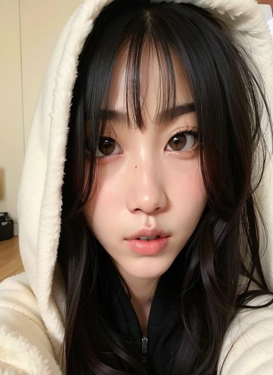 There is a woman in a hoodie while posing for a photo, young cute wan Asian face, Lalisa Manobal, Ela tem cabelo preto com franja, Asian face, wan adorable korean face, Ulzzang, young adorable korean face, franja fofa, Janice cantou, coreana, foto de perfil headshot, Xision Wu, Bae Suzy, korean face features