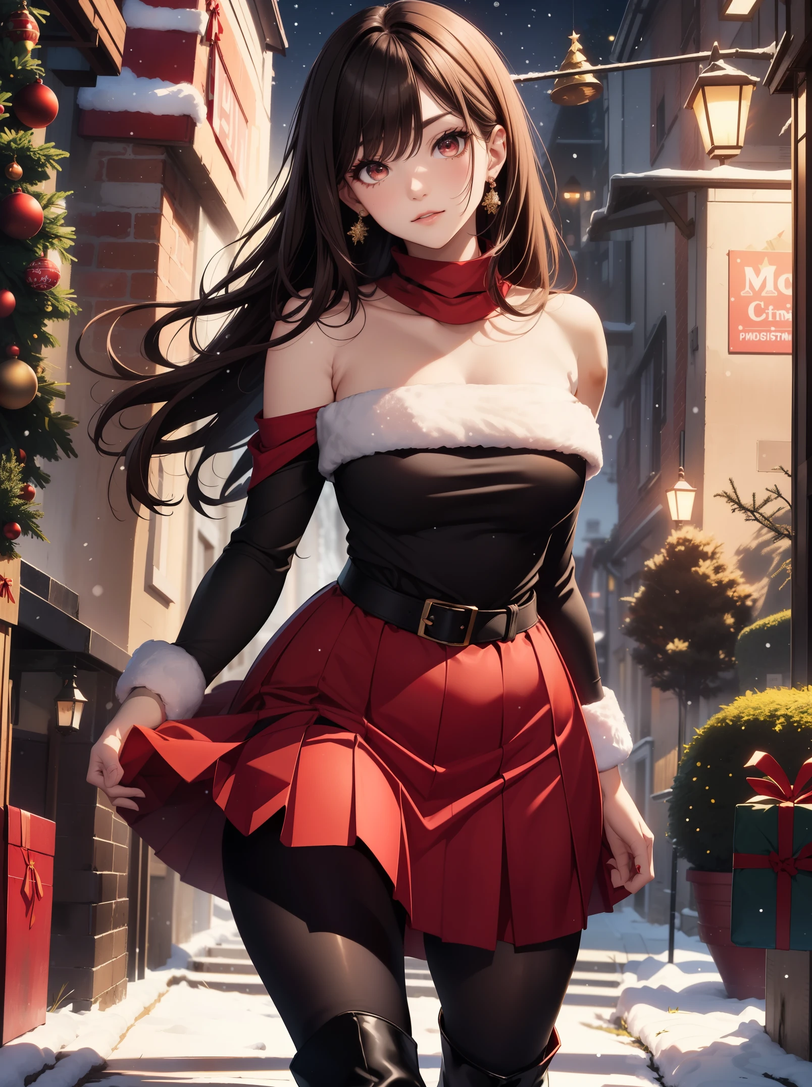 Best Quality, masutepiece, beautiful mature women、Beautiful face、Strong-minded woman、Officelady、(Santa Claus attire)、(off shoulders、Long skirt in red、Black tights、Black boots、Winter Outfit:1.5)、(brown haired、Bangs are asymmetrical、Undersized eyes、Brown-eyed)、Longhaire、(((Christmas:1.2)))、BREAK(poseing)