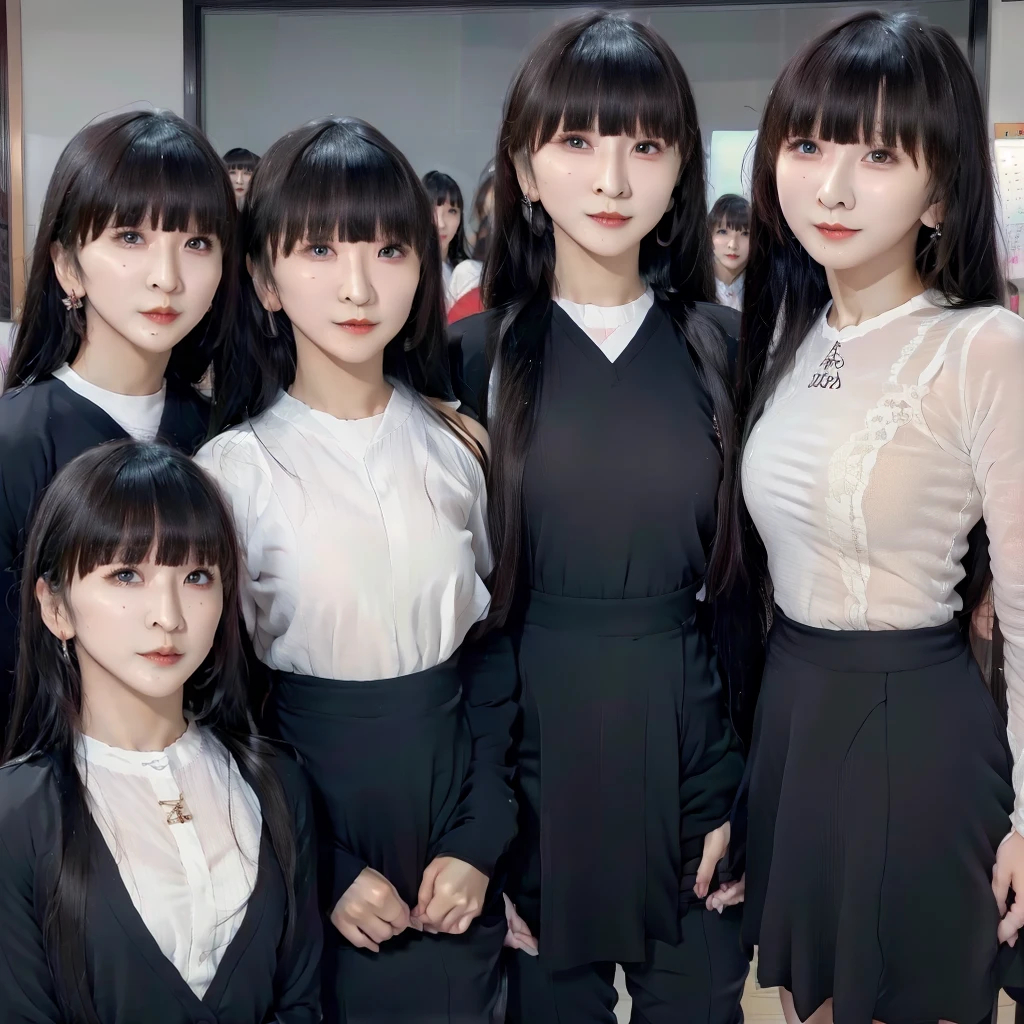 Raw photo、(((multiple girls))),((((6+girls)))),((((100girls)))),(((1000girls)))、((((100 Girls))))、Women only、The same face、((matching school uniform))、、Long black hair、100 cute girls going to school、japanes、a smile、Commuting to school、School route、In the street、selfee、same person、(((Large group)))、a junior high school student