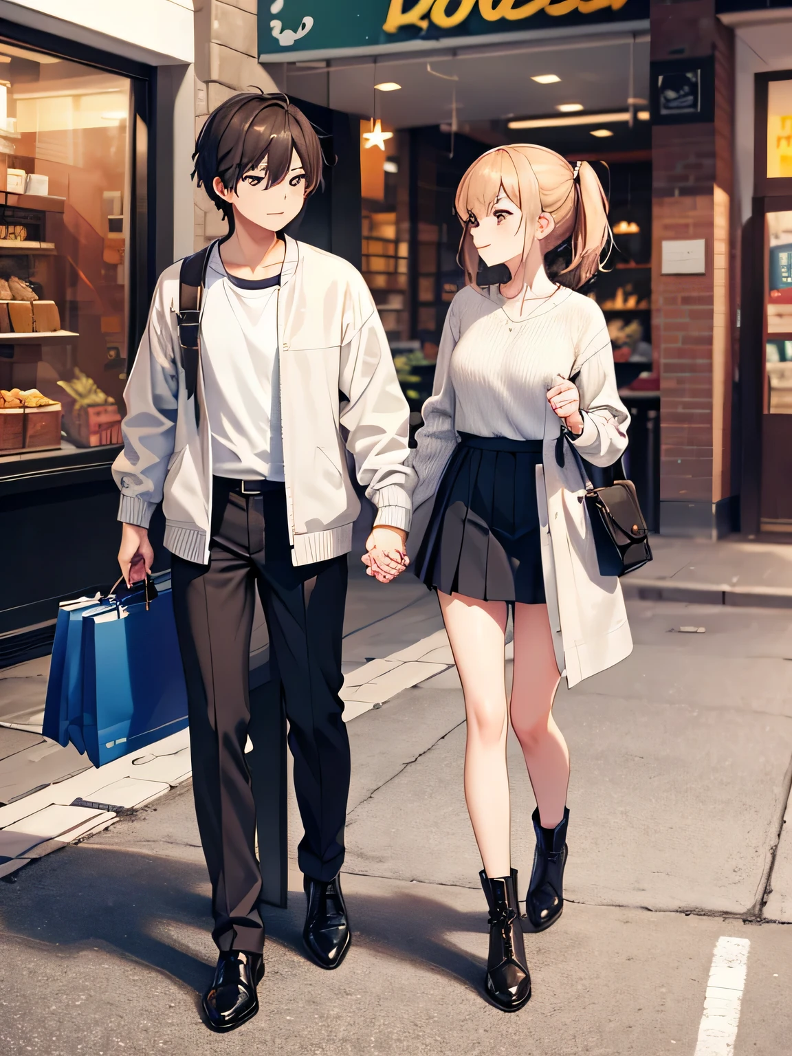 1,there is a couple, men and women, Holding hands.
2,Male is 24 years old, wearing normal clothes and carrying luggage.
3,The woman is 18 years old, sexy knit and mini pleated skirt、I have boots on my feet.
4,The season is autumn、The location is a shopping center.