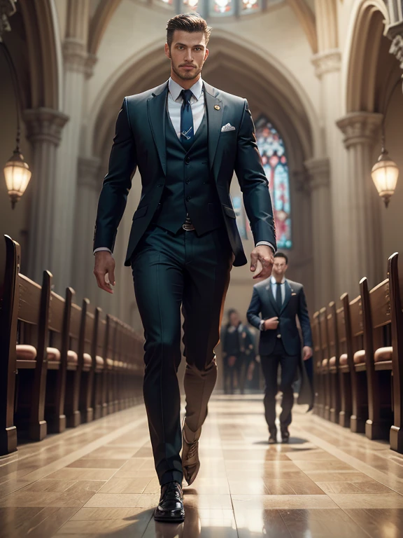 (k hd，(8K分辨率)，professional photoshooting，profesional lighting，two very attractive men，(Handsome(brunette)，European people，25 age old，Big handsome guy，twincest，Blue eyeearded，Brush cut，(ssmile)，cool and handsome，cool guy，The two men walked closely together，elegant suit，Impressive appearance，In a luxurious and modern cathedral，The church is full of people，The atmosphere was convivial, perfect and highlight moments of their lives，HUItra cannon，细节Exquisite完美，best quality，Exquisite，The is very detailed。超高分辨率，(8K)，complex detailed detailed，physically-based renderingt，Good balance，edge lit，lock focus，Realistic photos，photorealistic  art，HighDynamicRange，realistic model