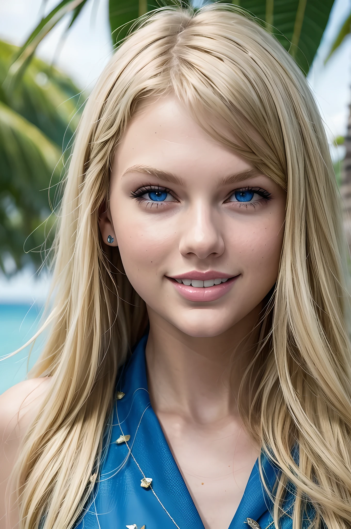 Taylor Swift, long blonde hair, (close-up, portrait), ((detailed blue eyes, smiling)), tropical island, (((masterpiece, best quality))).