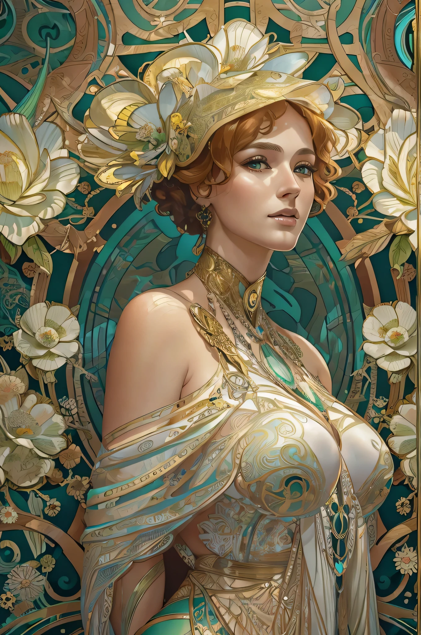 art deco - middle aged augmented buxom pale voluptuos full figured white woman in glossy iridescent  outfit, full body, G-cups , cover, hyperdetailed painting, luminism, Bar lighting, complex, 4k resolution concept art portrait by Greg Rutkowski, Artgerm, WLOP, Alphonse Mucha, little fusion pojatti realistic steampunk, fractal isometrics details bioluminescens : a stunning realistic photograph 30 years , redhead, italian goddness beautiful awesome with big white flowers , 3d render, octane render, intricately detailed, , cinematic, trending on artstation | Isometric | Centered hipereallistic cover photo awesome full color, hand drawn, dark, gritty, realistic mucha, klimt, erte .12k, intricate. hit definition , cinematic,, mix of bold dark lines and loose lines, bold lines, on  , full body with velvet dress, humanoid, Full body.