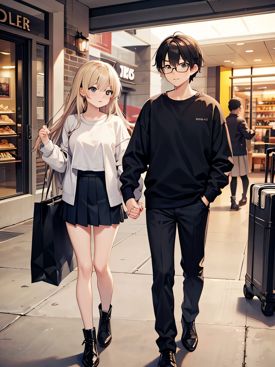 1,there is a couple, men and women, Holding hands.
2,Male is 24 years old, wearing normal clothes and carrying luggage.
3,The woman is 18 years old, sexy knit and mini pleated skirt、I have boots on my feet.
4,The season is autumn、The location is a shopping center.