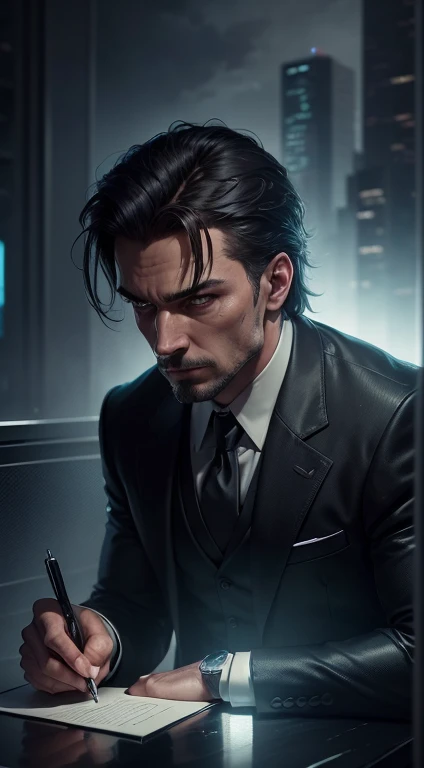 (high quality:1.2,ultra-detailed,realistic:1.37),masterpiece,illustration,portrait,dark colors,dramatic lighting,a man dressed like a secret agent,holding a pen,serious expression,detailed facial features,elegant suit,gloomy atmosphere,subtle shadows,impressive background,cityscape,night scene,shiny surfaces,vivid colors,wet surfaces,reflections on the ground,glowing neon lights,impressive depth,perfectly rendered textures,high resolution details,sharp focus,dynamic composition,mysterious atmosphere,professional artwork,attention to detail