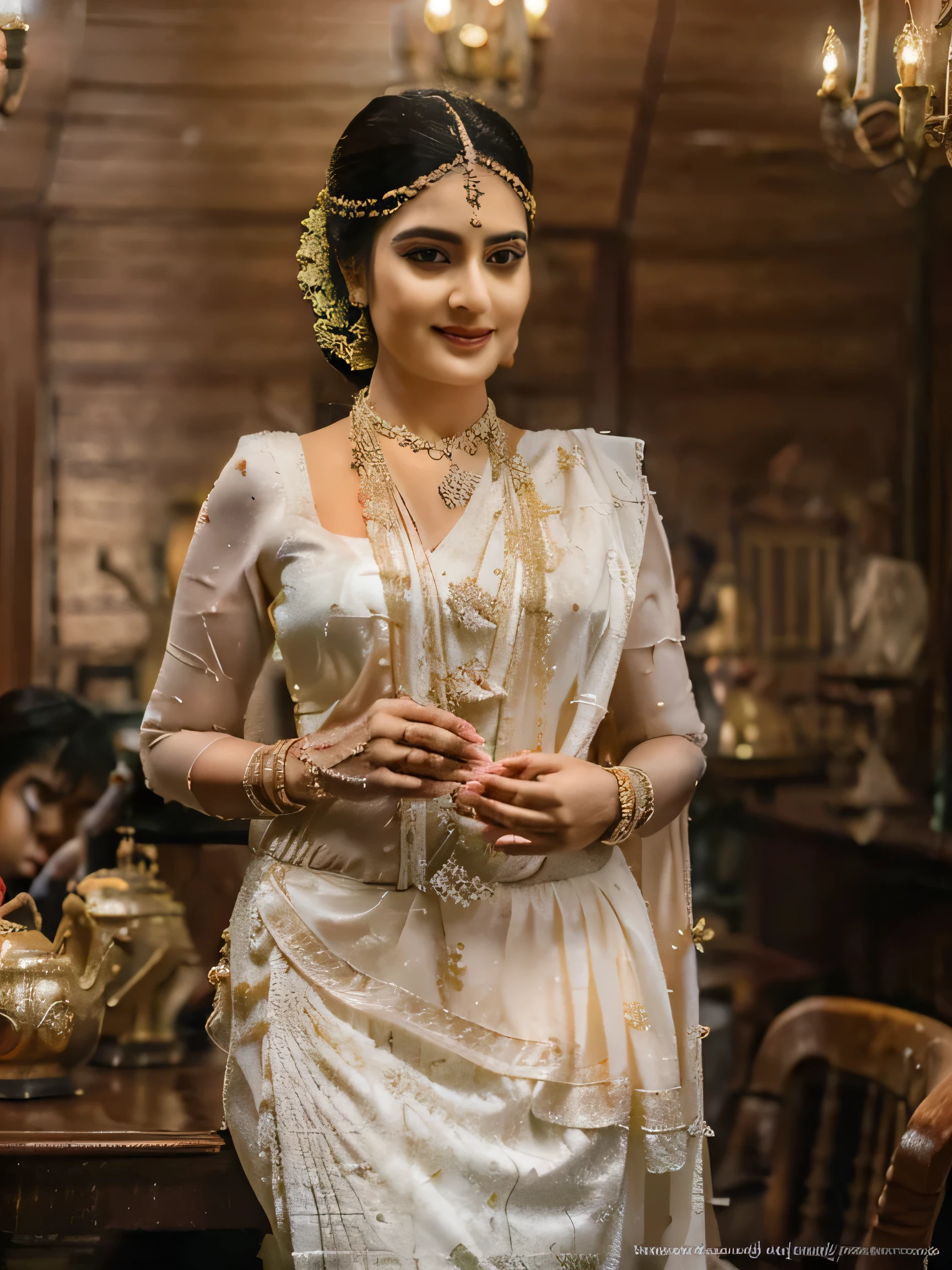 Full body shot, ((8k portrait of curvy Indian female, pale white skin, masterpiece)), large bust, long hair, blonde, (beautiful eyes), fantasy, elegant, mystic, potion shop, outdoor, medieval, ornaments, long pendant necklace, magical, award winning, painting by top artists, cinematic, detailed accessories, strong collarbone, cold lighting, (professional lighting), natural beauty, wedding Saree,